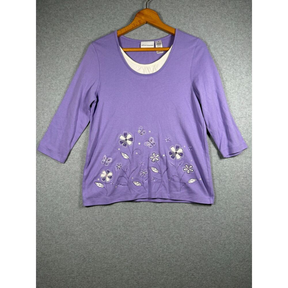 Alfred Dunner Purple Floral Butterfly Embellished 3/4 Sleeve Top M 3868